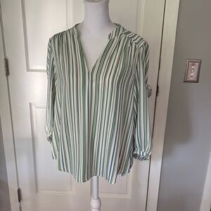 CAbi Awning Striped Blouse Size XS 3/4 Sleeves Green White Black EUC